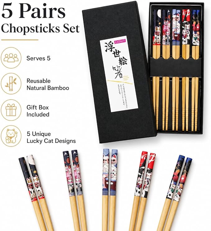 EXZACT Bamboo Chopsticks Gift Set 5 Pairs Handmade Box Lucky Cat miniatura 5
