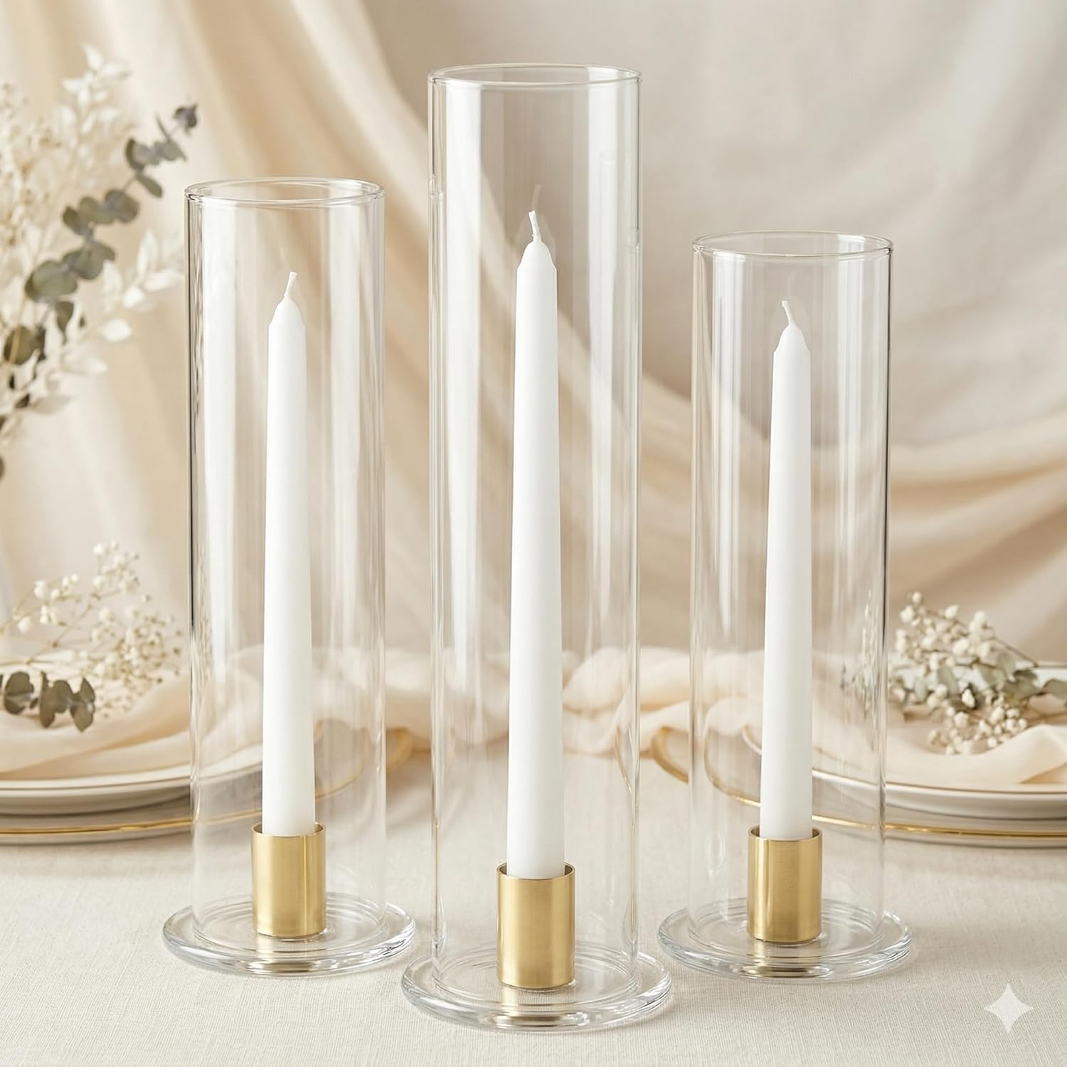 Koyal Wholesale Glass Candle Chimney Open End for Taper Candles, Set of 6 | 10" Tall x 2.6" Diameter Open Ended Glass Cylinders | Bulk Hurricane Candle Holder Sleeves, Clear Glass Chimney Tubes