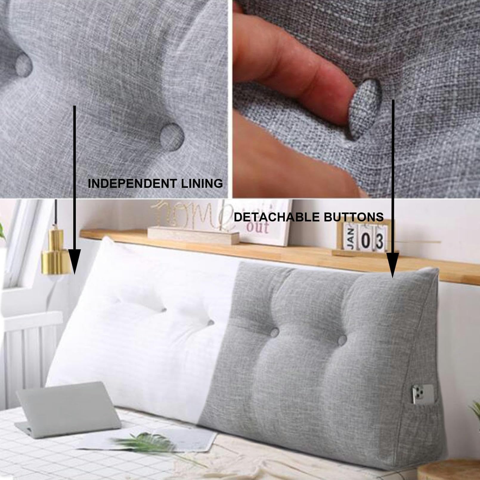 Almohada triangular grande para cabecero de cama, cojín de lino y algodón para leer, soporte de espalda, funda extraíble, cómoda almohada de posicionamiento