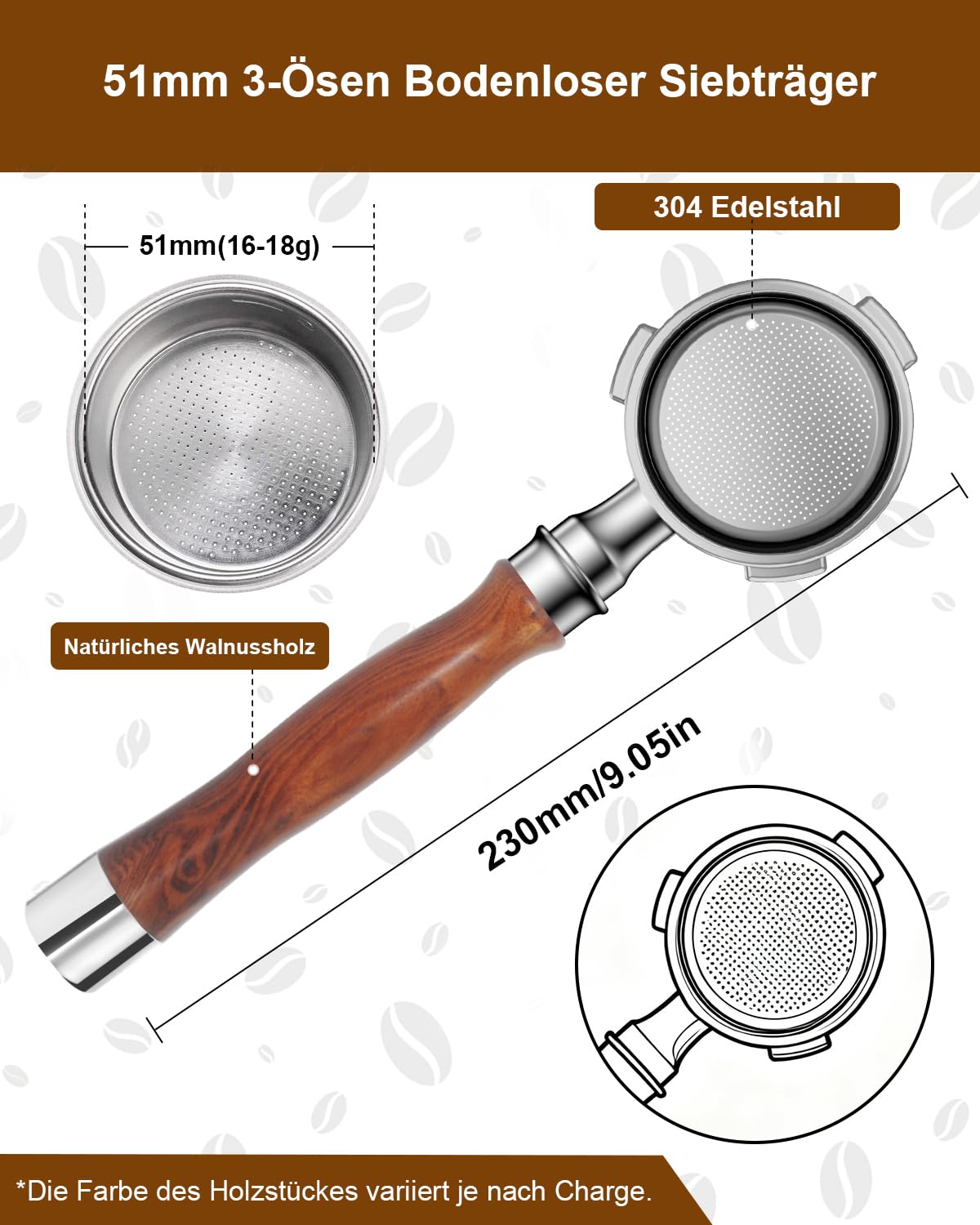 KOFIKOFI Portafiltro senza fondo da 51 mm, 3 Ears Bottomless compatibile con DeLonghi Dedica EC680/EC685, Smeg, EUPA, portafiltro in acciaio inox con filtro per puck, cestello per filtri, manico in
