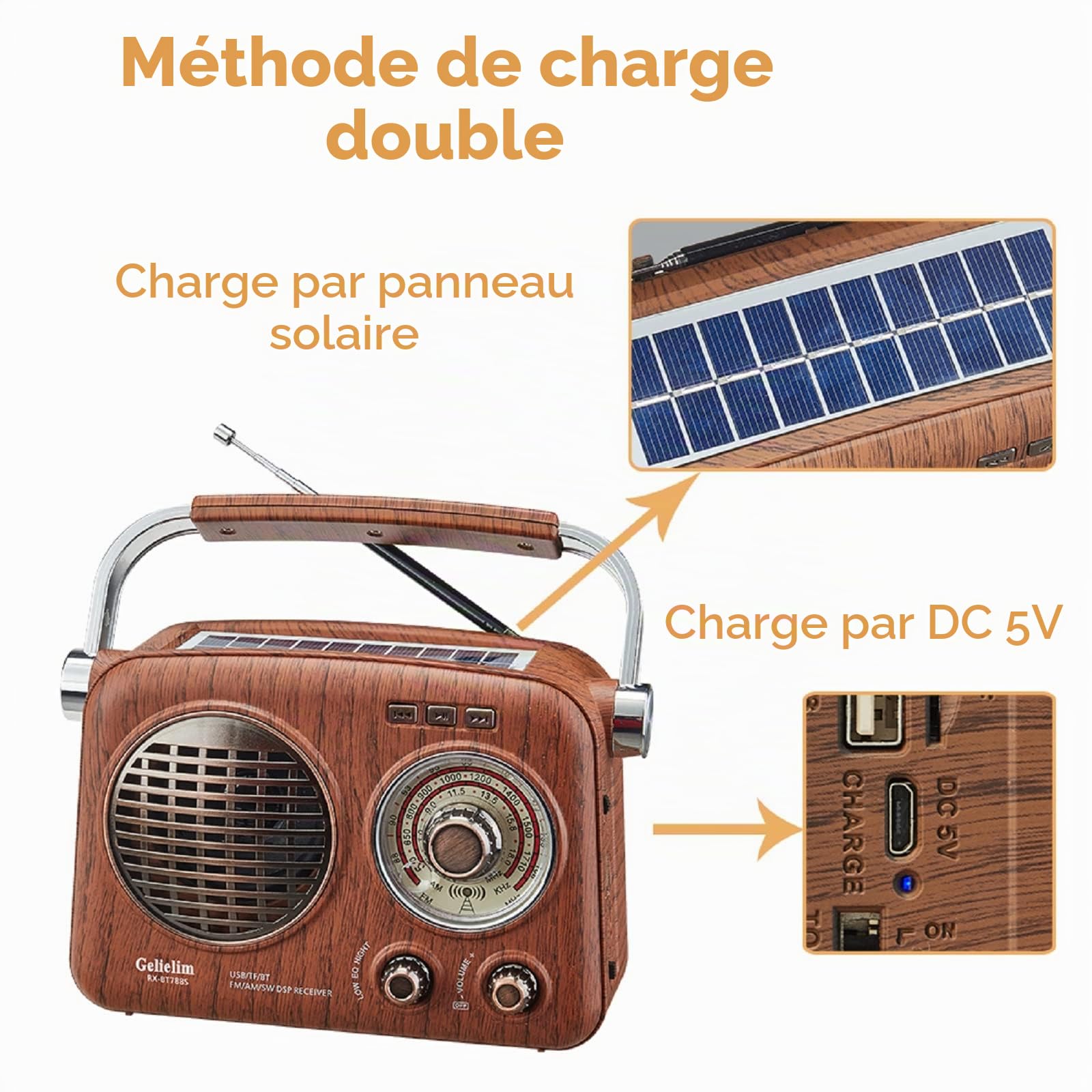 Gelielim Radio rétro portable, radio AM FM courte avec meilleure réception, petite radio vintage avec haut-parleur Bluetooth, prend en charge carte TF/lecteur USB, lampe de poche d'urgence