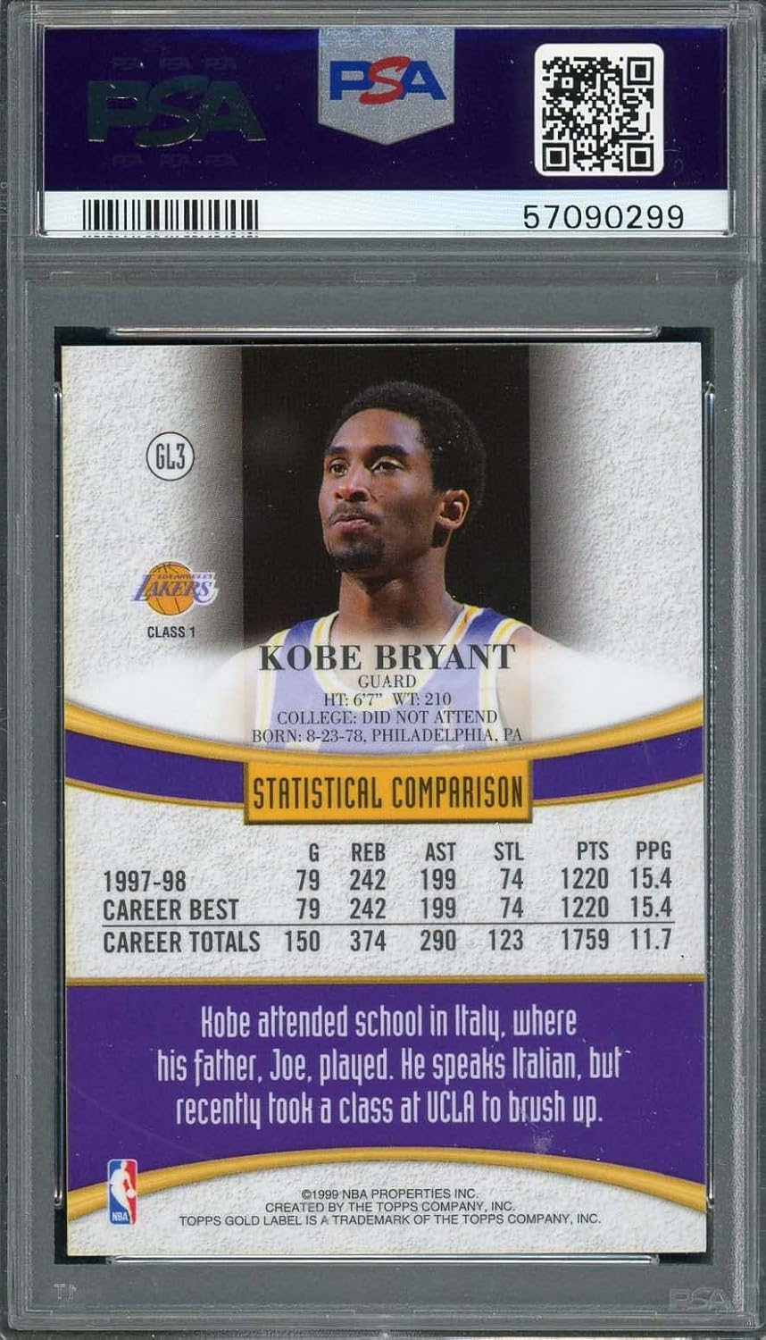 Kobe Bryant 1998 Topps Gold Label Basketball Card #GL3 Graded PSA 7