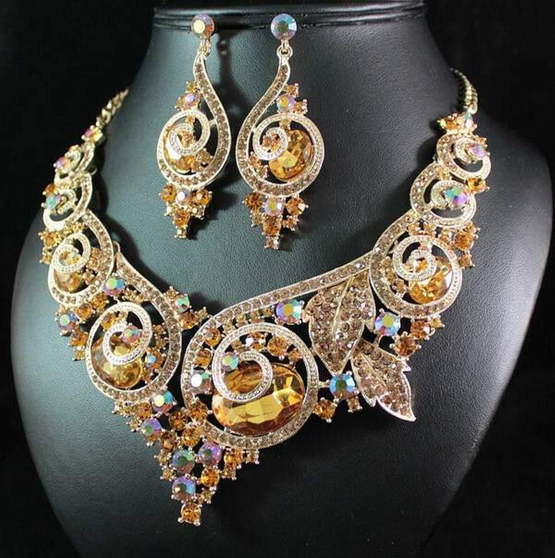Ornate Austrian Rhinestone Bib Statement Necklace Earring Set Bridal N1669g Gold