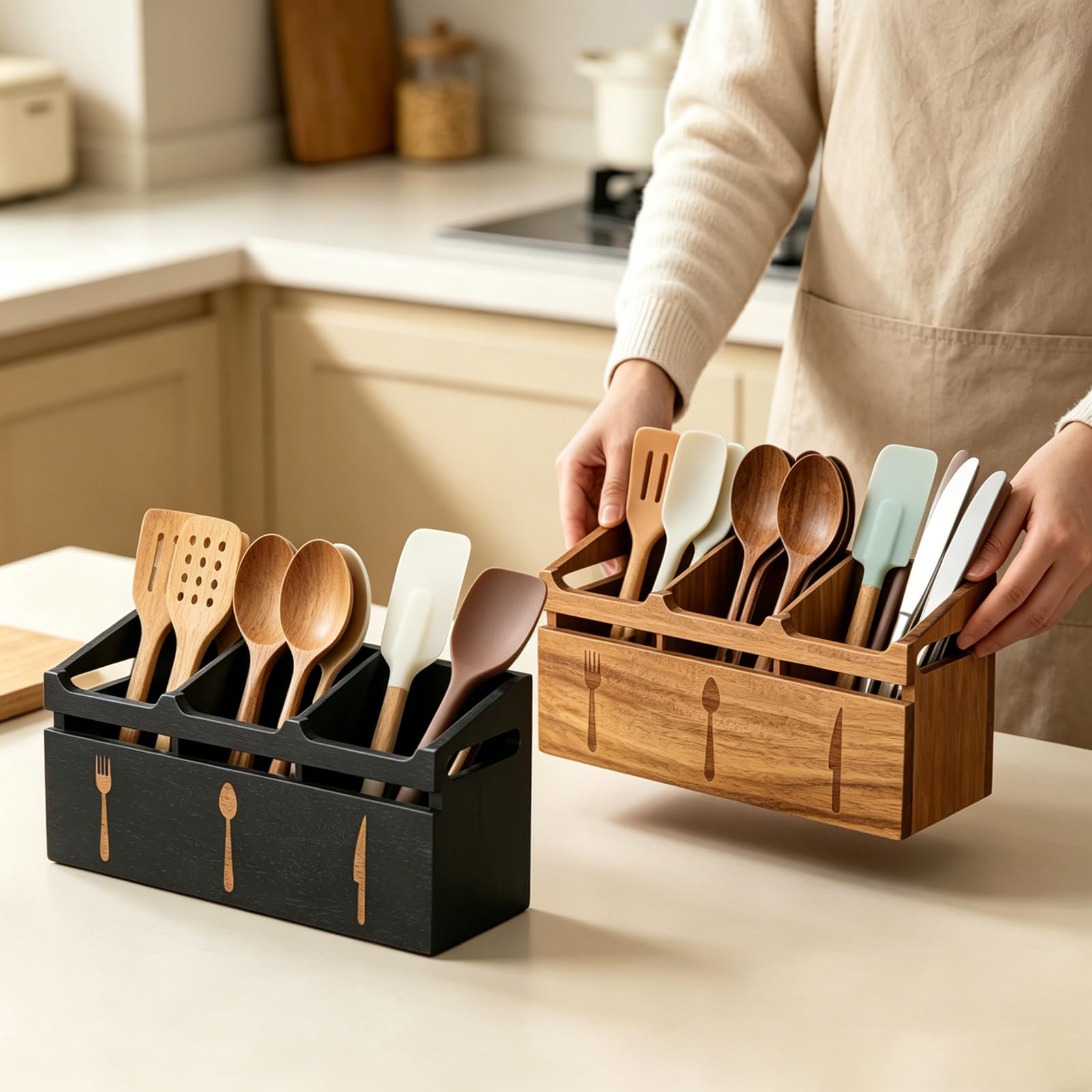 Acacia Wood Flatware Caddy - 3 Compartment Organizer -8