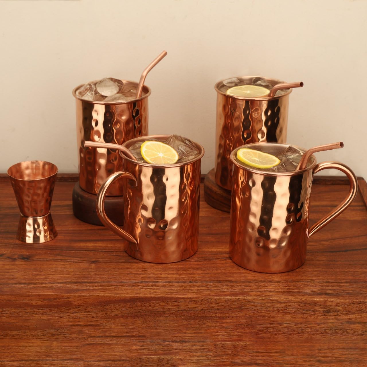 Craft Trade Pure Copper Moscow Mule Mugs with 4 Straw and 1 Glass Hammered Great Dining Bar Gift for Living Room - Set of 4