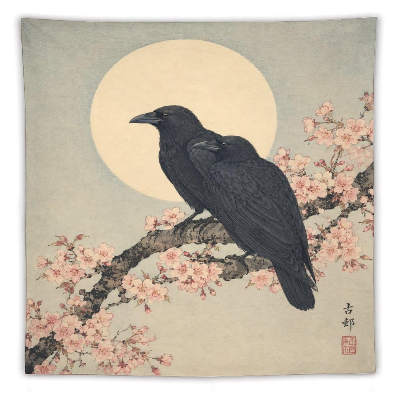 W7C8U2X3 Raven Silhouette and Moon Wall Tapestry, Ukiyo-e Style, Entryway