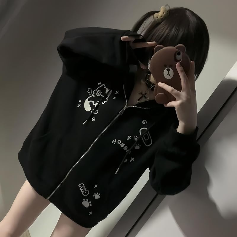 Dynict Womens Y2K Zip Up Cute Graphic Hoodies Cat Ears Casual Cartoon Harajuku Kawaii Clothes Oversize Streetwear Jacket (US, Alpha, Medium, Regular, Regular, Black) image 3