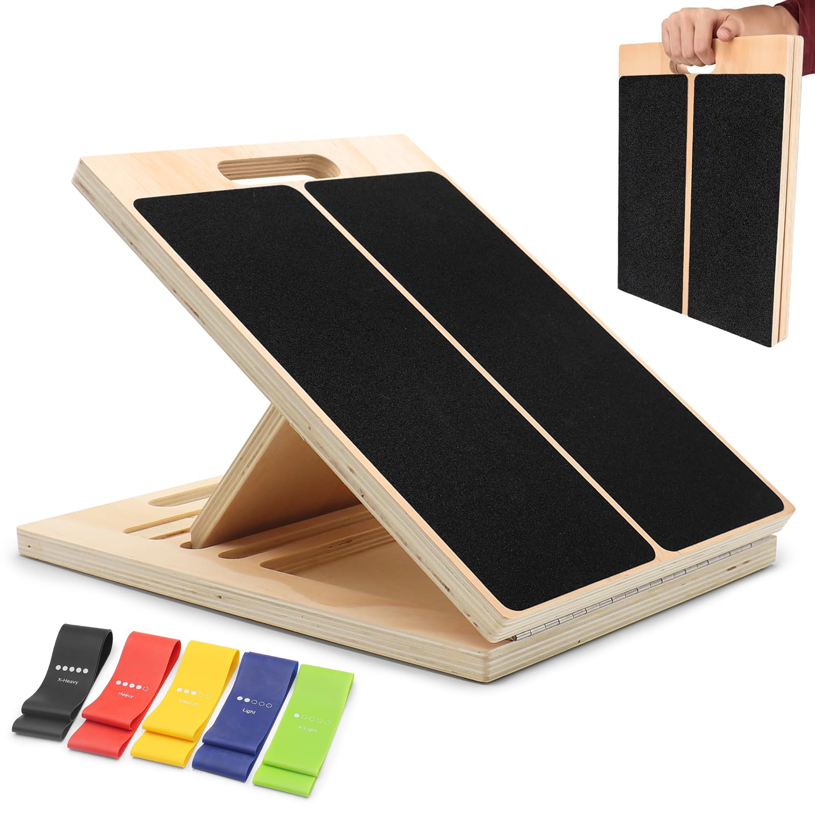 Planche d’Étirement Inclinée Réglable en Bois 40×30×4,5 cm avec 5 Bandes de Résistance – Planche Fitness Antidérapante pour Squats, Mollets & Rééducation – Inclinaison pour Yoga, Pilates et Kinésithér