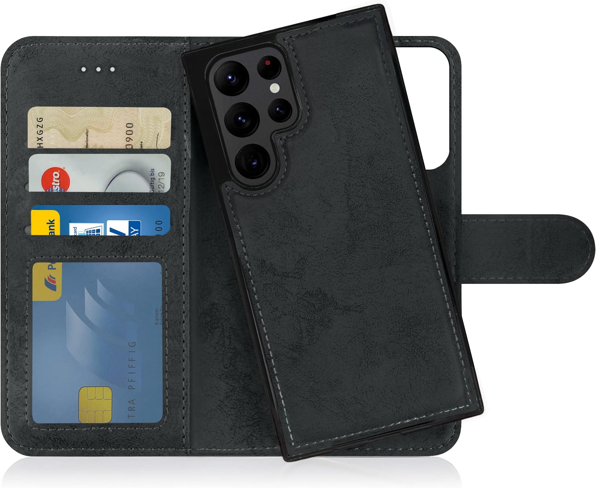 MyGadget 2 in 1 Wallet Case for Samsung Galaxy S22 Ultra 5G - Magnetic PU Leather Flip Cover w / Card Slots & Detachable Back Slim TPU Bumper Shell Black