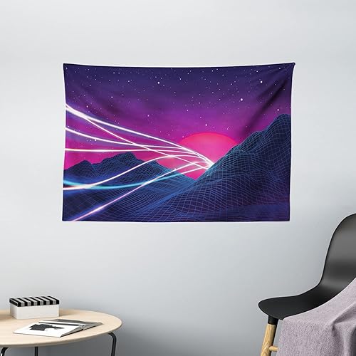 Miniatura 2 de Ambesonne Synthwave Tapestry, Abstract Lines on Checkered Mountains and Cosmic Retro Sun Stars, Wide Wall Hanging for Bedroom Living Room Dorm, 60"