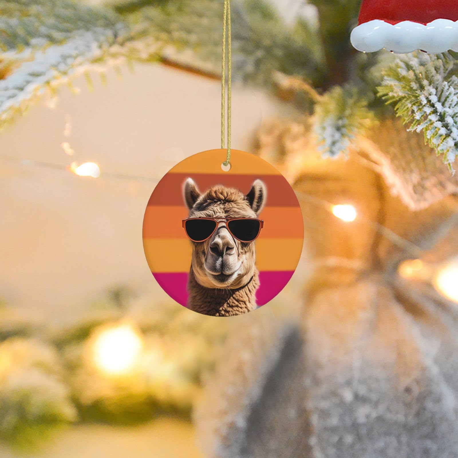 Christmas Tree Ornaments Ceramics Christmas Round Decorations Camel Wearing Sunglasses Ceramics Ornaments Circle Pentagram Xmas Tree Hanging Pendant for Christmas Tree Party Holiday Home Decor