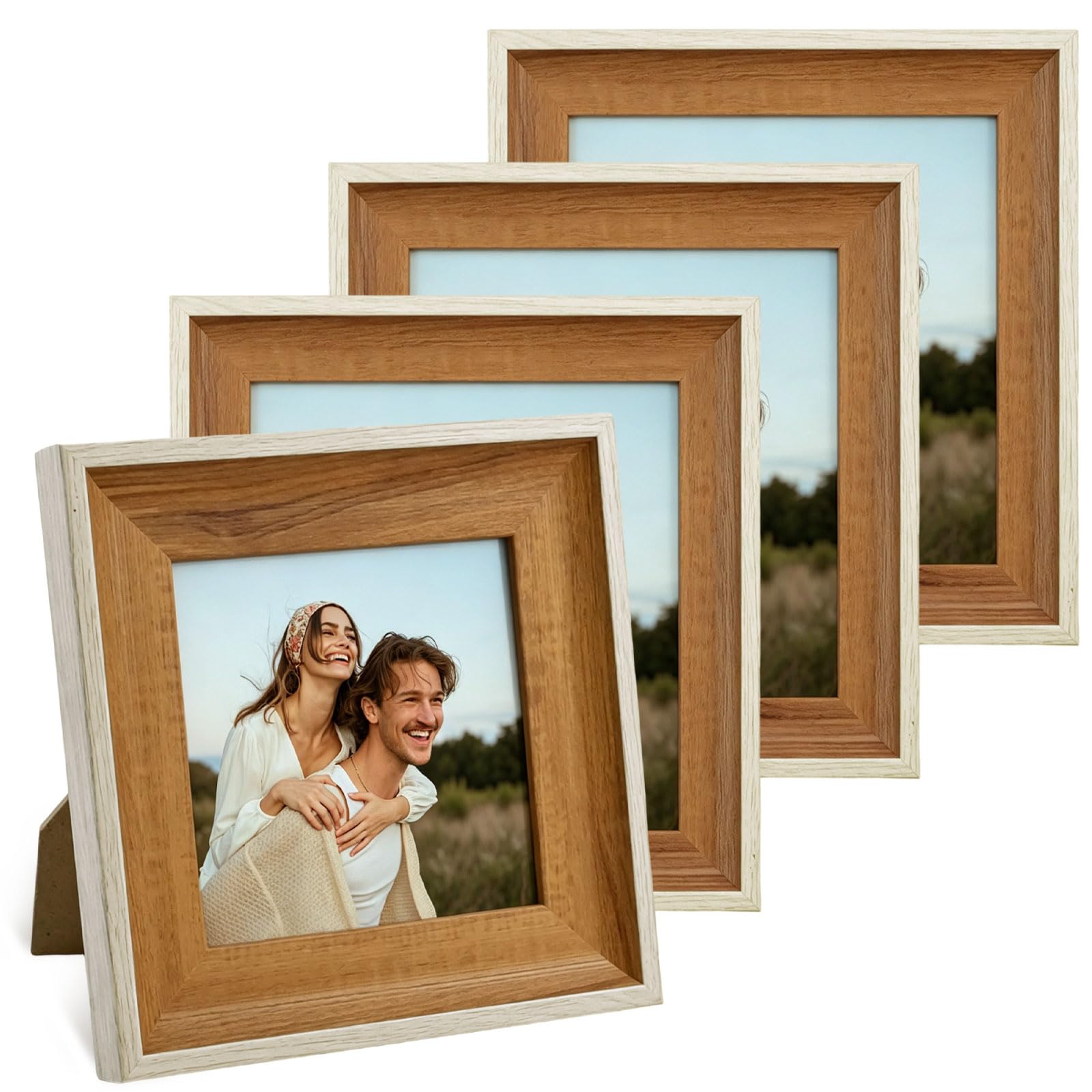 4PCS Square Photo Frames 6x6 - Modern Style Resin Photo Frame with Acrylic Glass, Vintage Picture Frames for Tabletop or Wall Hanging, Home Decoration (Natural Wood Color, 6X6)