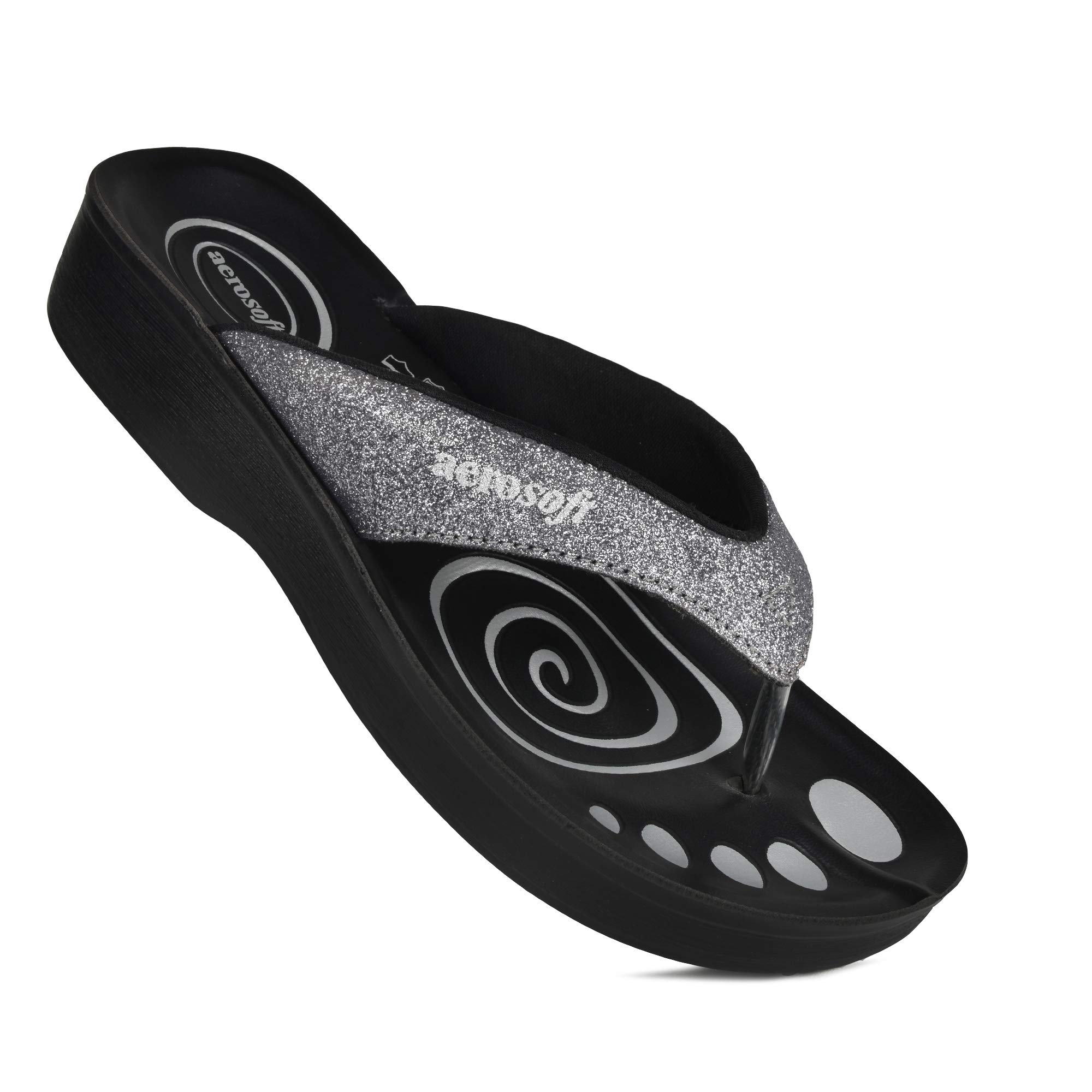 AerosoftGlitter Thong Beach Wear - Summer Arch Support Flip Flops for Women - Black, Size 4/9 UK