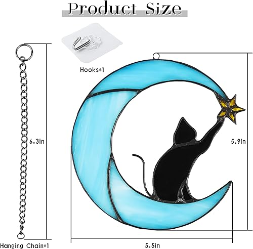 Miniatura 3 de Gato en luna con vitral, estrella para colgar en la ventana, decoración de regalo conmemorativo para mujeres (gato negro sobre luna azul)