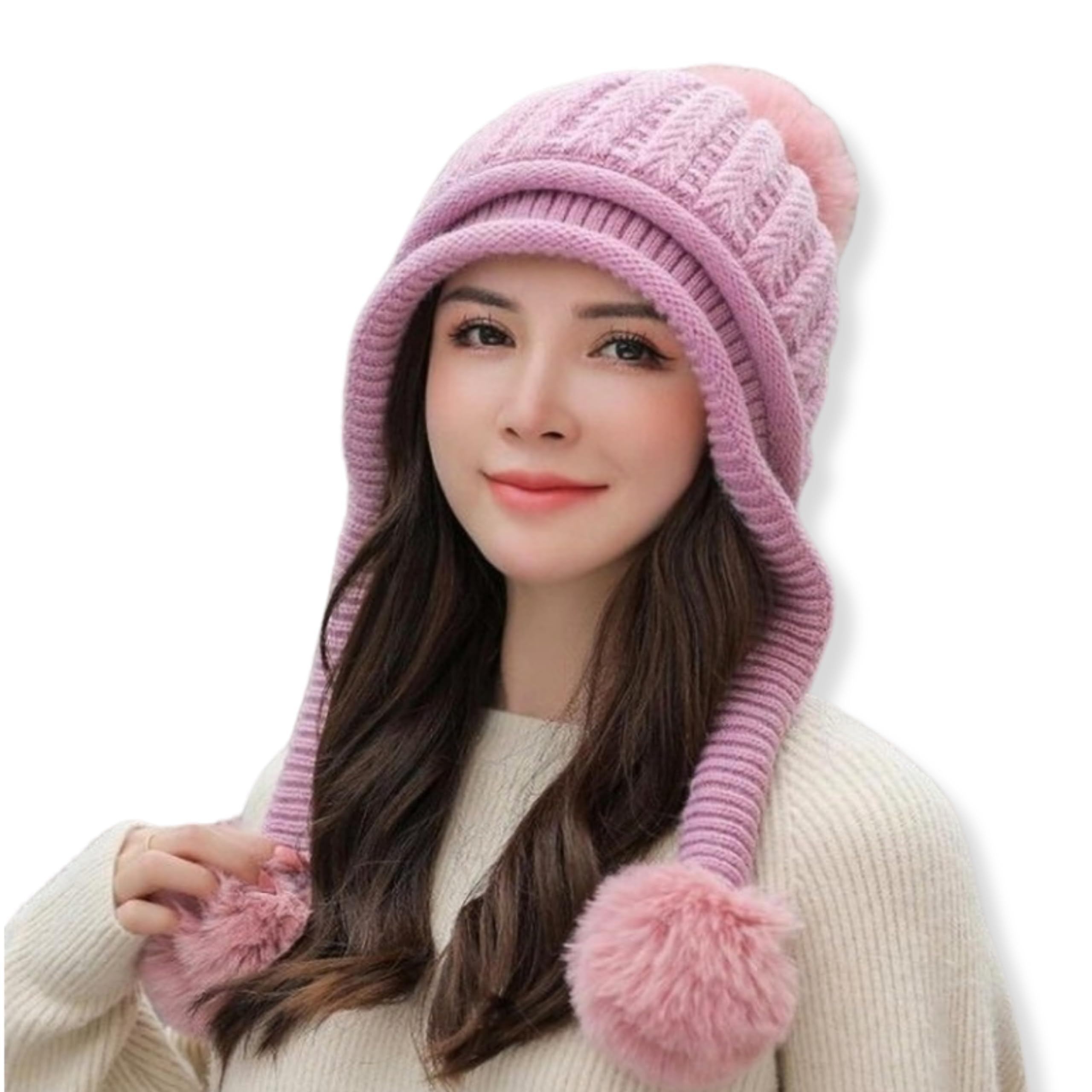 Tomorrow DS Autumn Winter Ear Protection Hat Women's Warm Knitting Baotou Girl Outdoor Ball Vop Cute Hat | Winter Beanie for Women (Pink)