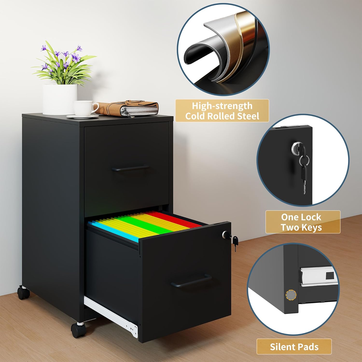 2 Drawer File Cabinet on Wheels,Mobile Filing Cabinets with Lock,Metal Storage Cabinet,Vertical Filing Cabinets for Home Office,Rolling File Cabinet for Under Desk,Amssebly Required, Black