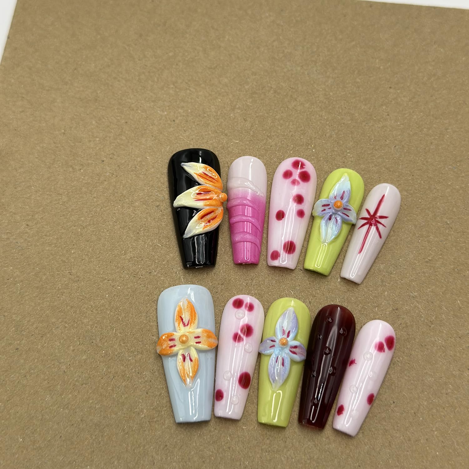 Luxury Press on Nails Medium Coffin Handmade 3D Unique Reusable ABS Material Fake Nails Colorful False Nails with Designs Blue Orange Flower Art Petal Glossy Glue on Nails Thick Acrylic Nails(M)