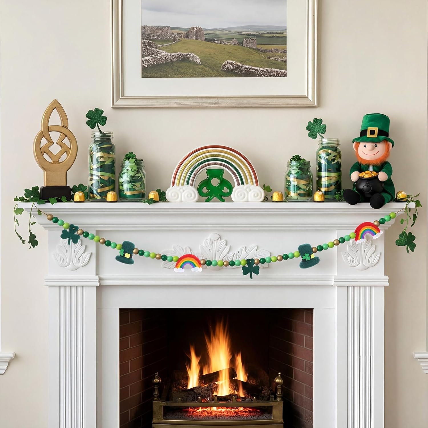 VitalCozy St Patricks Day Decorations Garland Felt 3D Shamrock Hat Wood Bead, Green Lucky Irish Farmhouse Banner for Fireplace Mantel Walls,St Patricks Day Party Supplies (Cute)