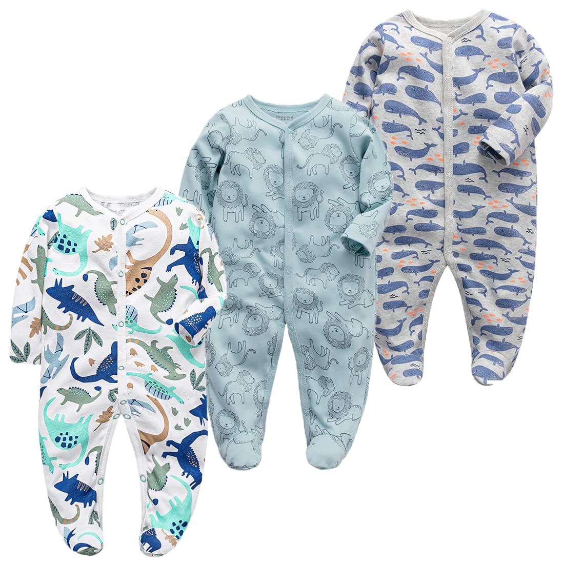 Monvecle 3pcs Newborn Infant Footie Baby Cotton Bodysuit Pajamas Jumpsuit Blue Print 3M