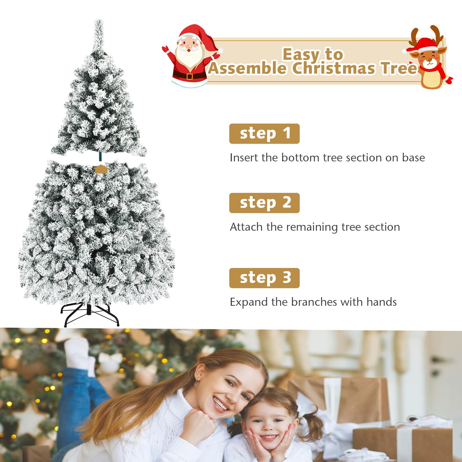 LIFEZEAL Arbre de Noël Pliable, Sapin de Noël avec 600 Branches en PVC et Flocage, Arbre de Noël avec 250Pièces LED & Pied en Fer, 180cm
