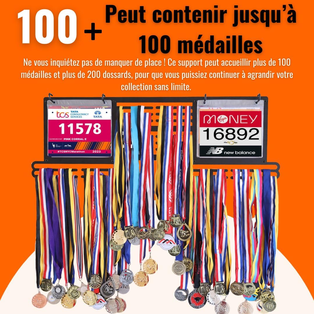 Support dossards & médailles avec app Run et Plan 4 semaines – Présentoir Mural pour 100+ médailles et 200+ dossards – Porte-médailles pour Coureurs