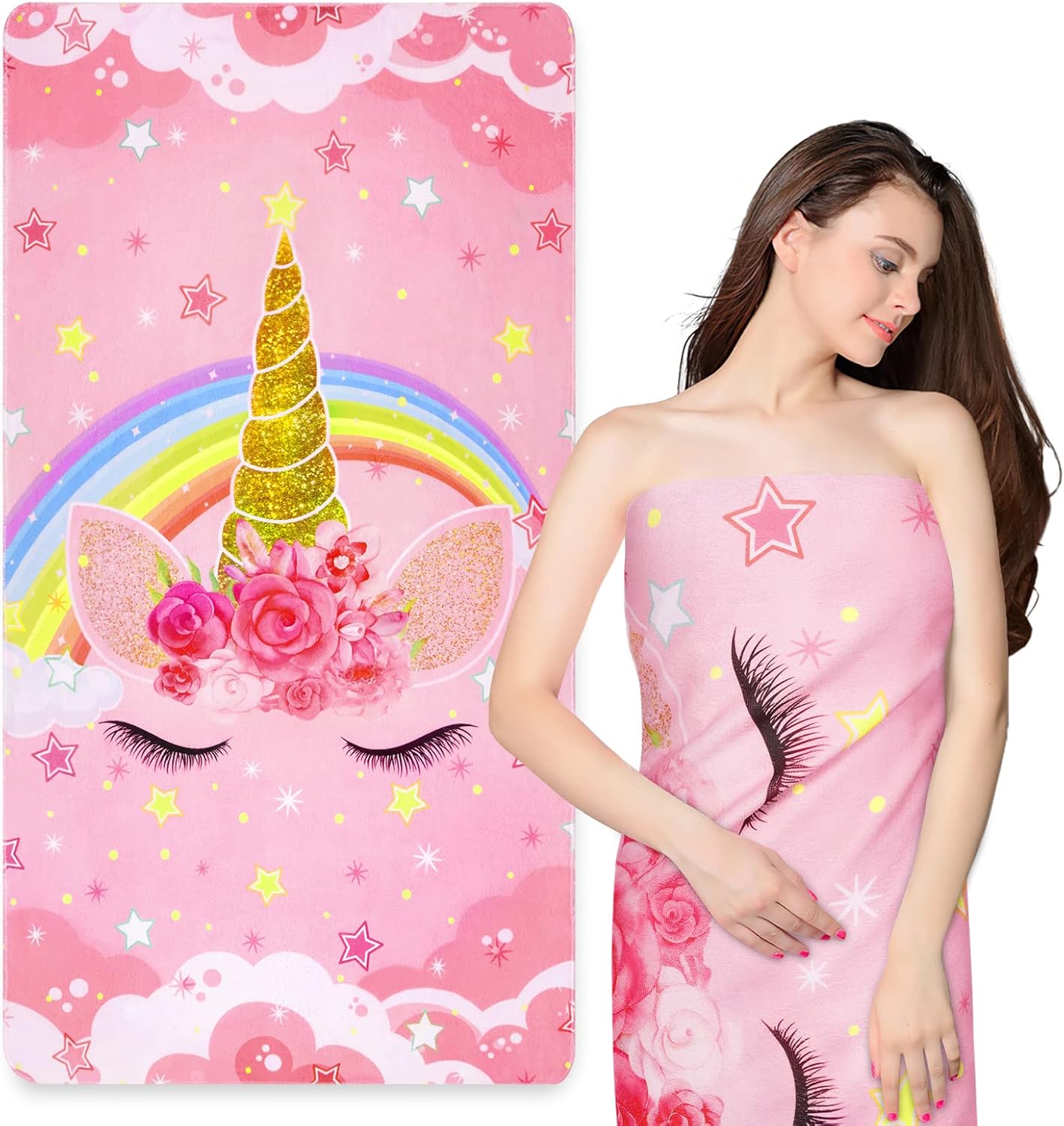 ASPMIZ Microfiber Unicorn Beach Towel Oversized, Cute Pink Beach Towels for Girls, Women, Super Soft Water Absorpt Bath Towels for Pool, Swim, Sport, Unicorn Bathroom Decor, 31.5 x 59.1 Inch