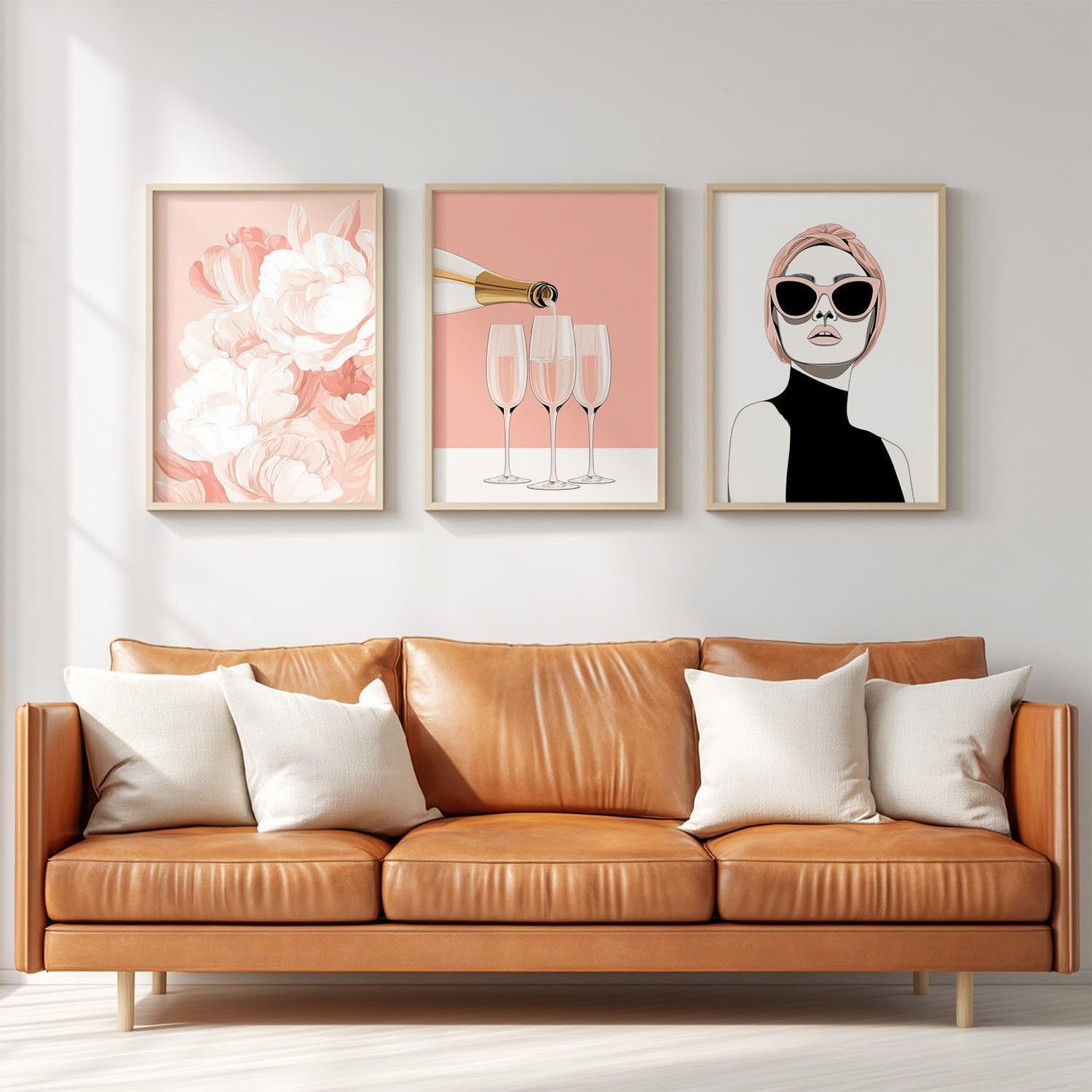 Juego de 3 decoraciones de pared modernas, impresión HD para sala de estar, dormitorio, pósters niña retrato floral rosa elegante sin marco, 40 x 60 cm