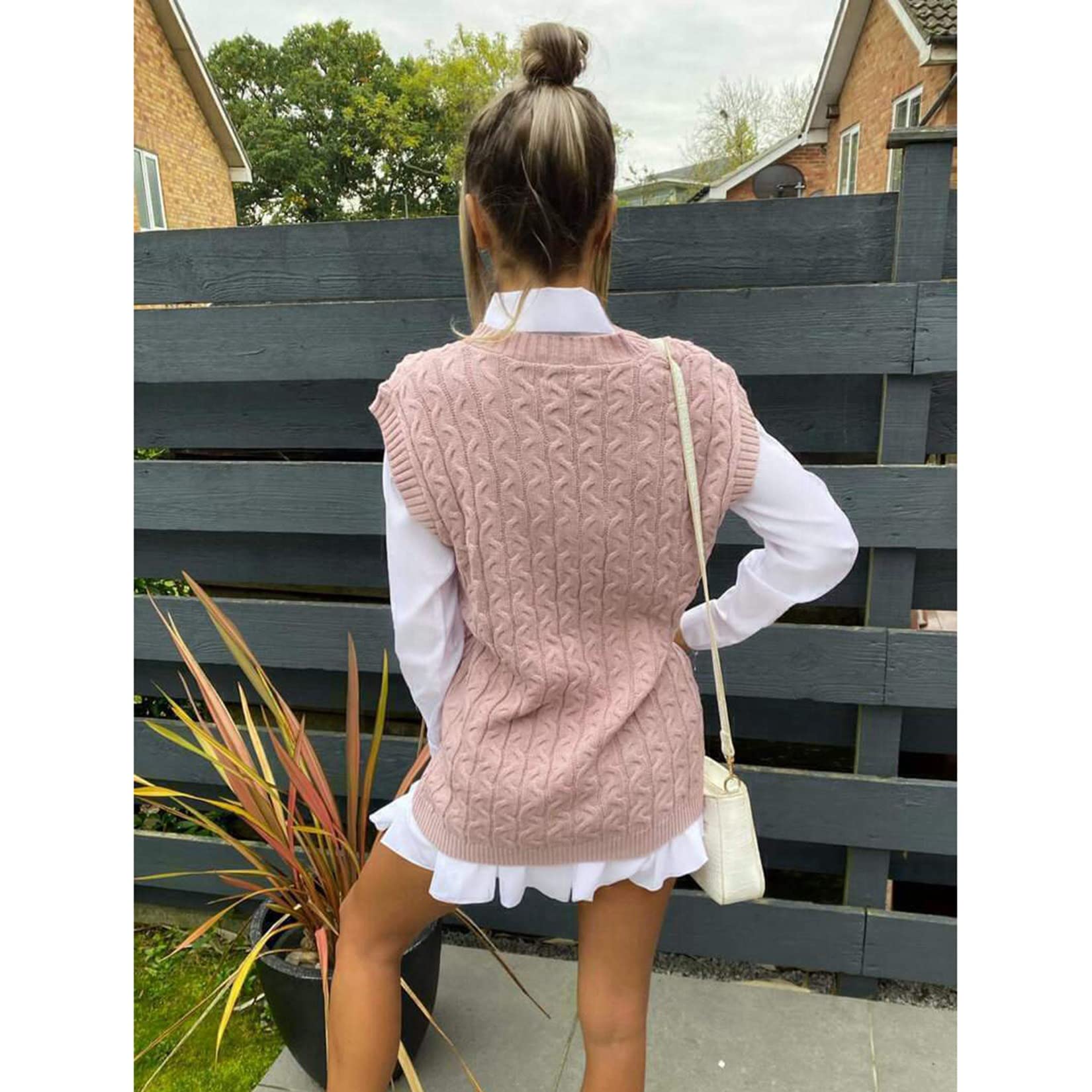 Damski sweter bez rękawów z dekoltem w serek, sweter bez rękawów, gruby warkocz, sweter z dzianiny, sweter z dzianiny, bez rękawów, gruby sweter (różowy XL)