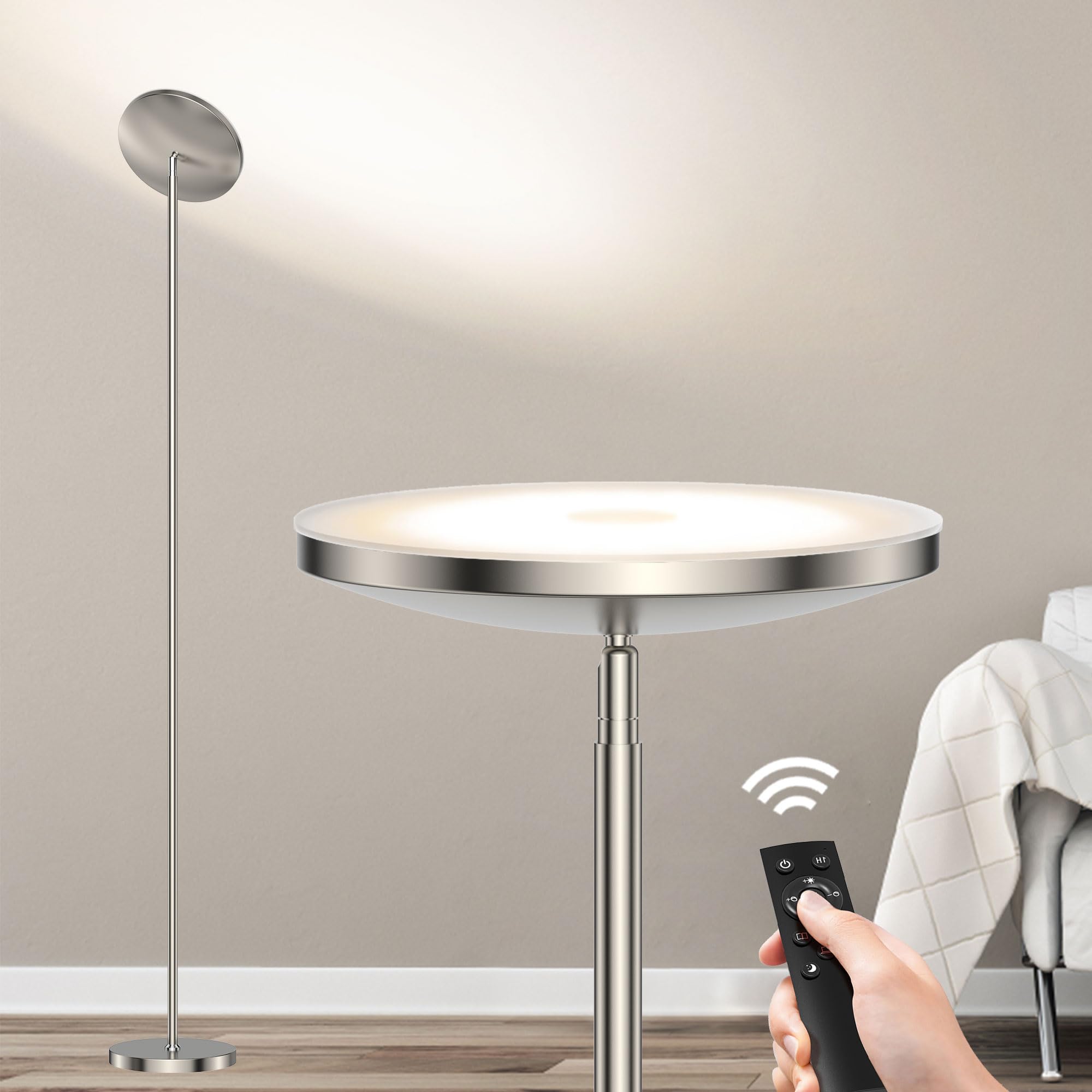 Lámpara de Pie Salon 30W, 3000-6500K Lámpara Pie Regulable, Lampara de Pie LED con mando a distancia y sensor táctil, Lámparas de Pie Modernas para Dormitorio Oficina, Níquel