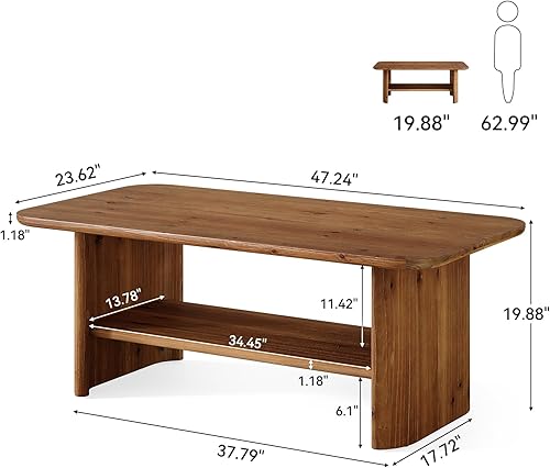 Miniatura 2 de Mesa auxiliar de madera maciza para sala de estar, mesa auxiliar rectangular de 47.24 pulgadas con almacenamiento, muebles centrales de granja de 2