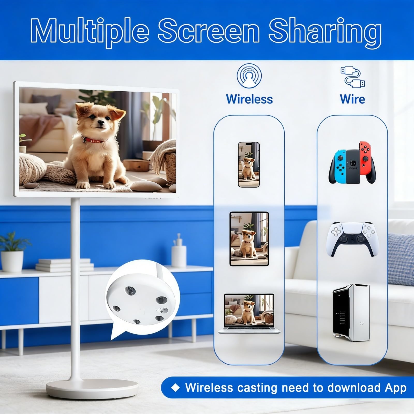 23.8" TV intelligente mobile wireless, Android 15 monitor touch portatile su ruote, display 1080P, 6GB RAM 128GB, fotocamera 13MP, batteria 8h, HDMI Type-C per smart home, ufficio