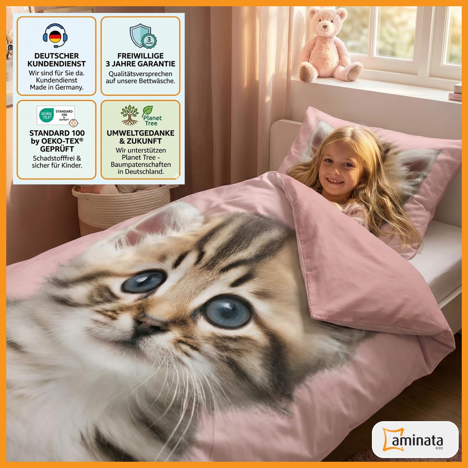 Aminata kids Katzen Bettwäsche 135x200 cm Biber Kinderbettwäsche Katzenmotiv Mädchen warm weich Winterbettwäsche 100% Baumwolle rosa