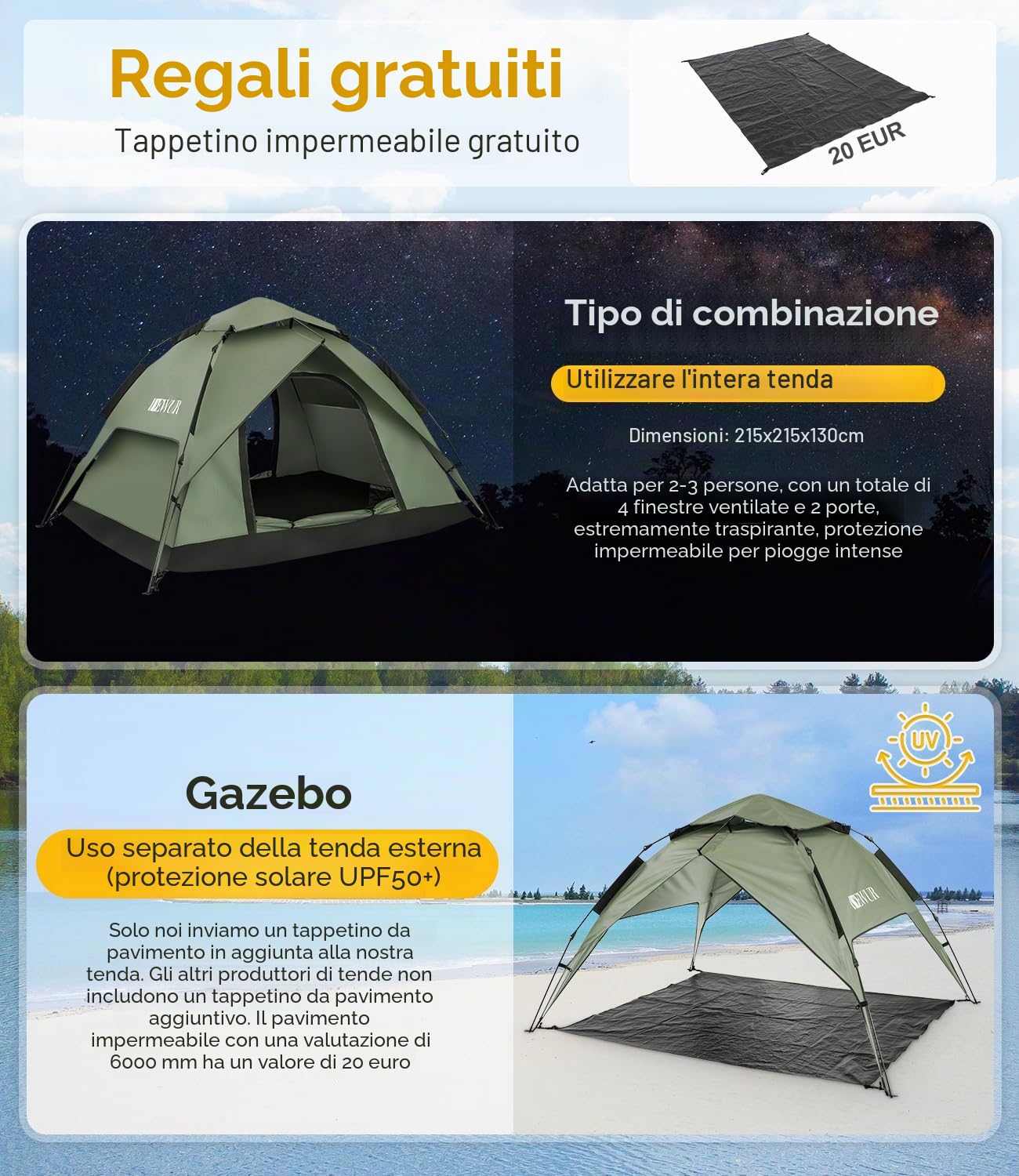 DEWUR Tenda da campeggio per 2-4 persone, impermeabile, pop-up, tenda da spiaggia, gazebo, tenda da sole, protezione UV per trekking, campeggio, attività all'aperto, festival
