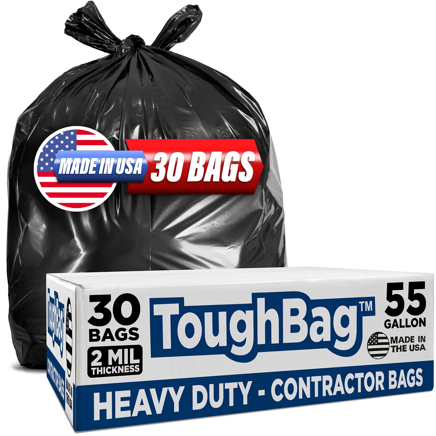 ToughBag Contractor Garbage Bags 55-60 Gallon – 2 Mil (30 Count) Heavy Duty Black Contractor Bags – Made in USA