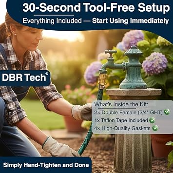 DBR Tech Female to Female Hose Adapter | Heavy Duty Leak-Proof Garden Hose Connector, 3/4 GHT Water Brass Fittings | Industrial-Grade, 2-Pack