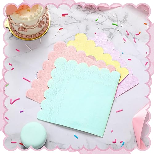 Miniatura 5 de Qilery Paquete de 100 servilletas de cóctel en colores pastel, estilo bohemio, con bordes festoneados, de papel pastel, de arcoíris, servilletas