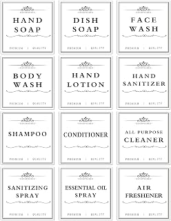 12 PCS Waterproof Soap Labels for Glass/Plastic Bottles, Farmhouse Bathroom/Kitchen Hand Soap Dispenser Label Stickers, Removable Cleaning Labels for Soap, Lotion, Shampoo and Conditioner