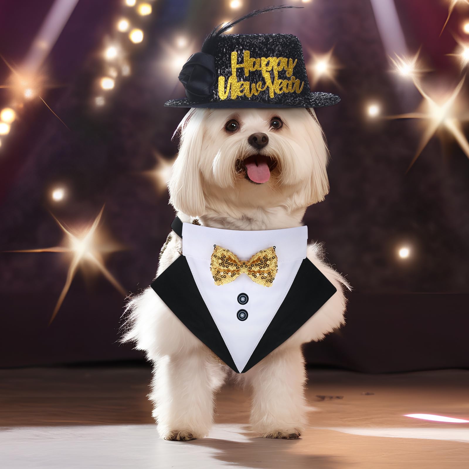 Suhine 2 piezas de disfraz de feliz año nuevo para mascotas, accesorios para perro, incluye sombrero de mascota de feliz año nuevo, collar bandana para perro con pajarita ajustable para mascotas