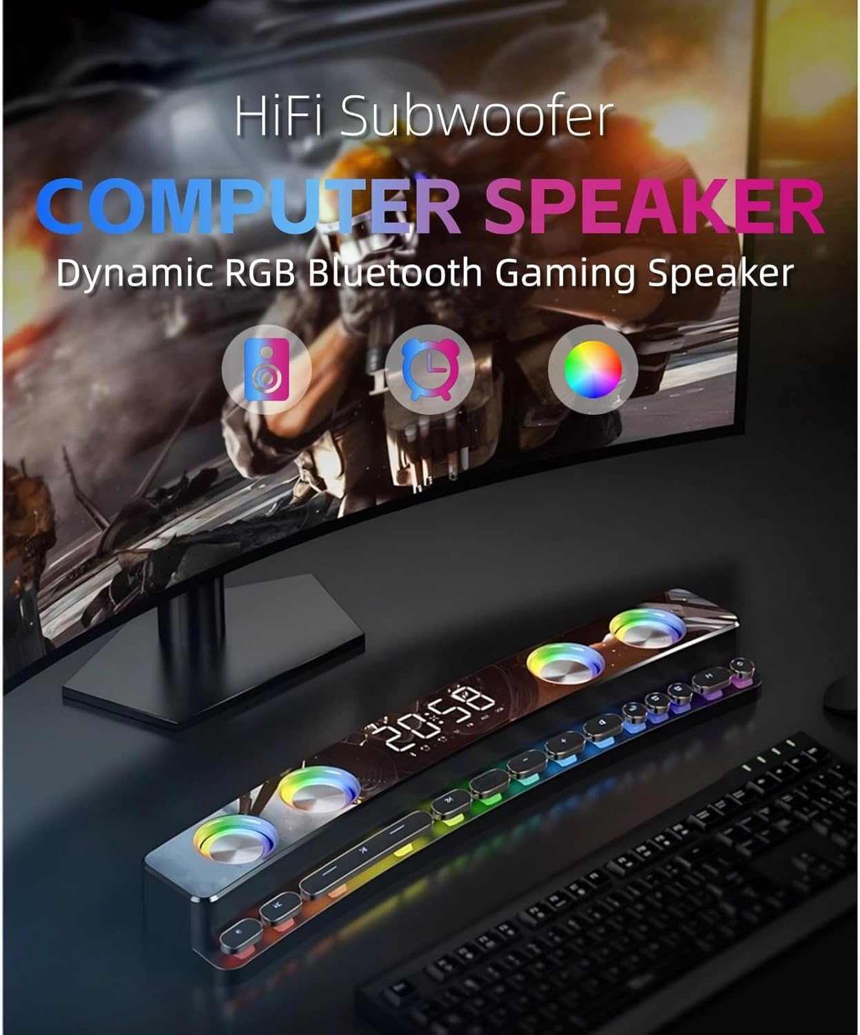 Cuifati SH39 Gaming Computer Speakers Dynamic RGB Gaming Speakers with Subwoofer Bluetooth Desktop Speaker, for Laptops Monitors Projectors Phones PC /5 (Black)