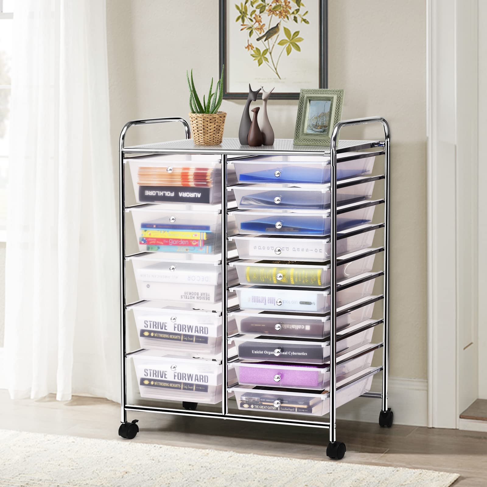 GYMAX Carrello Portaoggetti con 15 Cassetti Staccabilea, Carrellino Salvaspazio con Ruote, per Uffici, Parrucchieri, Studio, Soggiorno, 62,5 x 37 x 87 cm (TRASPARENTE)