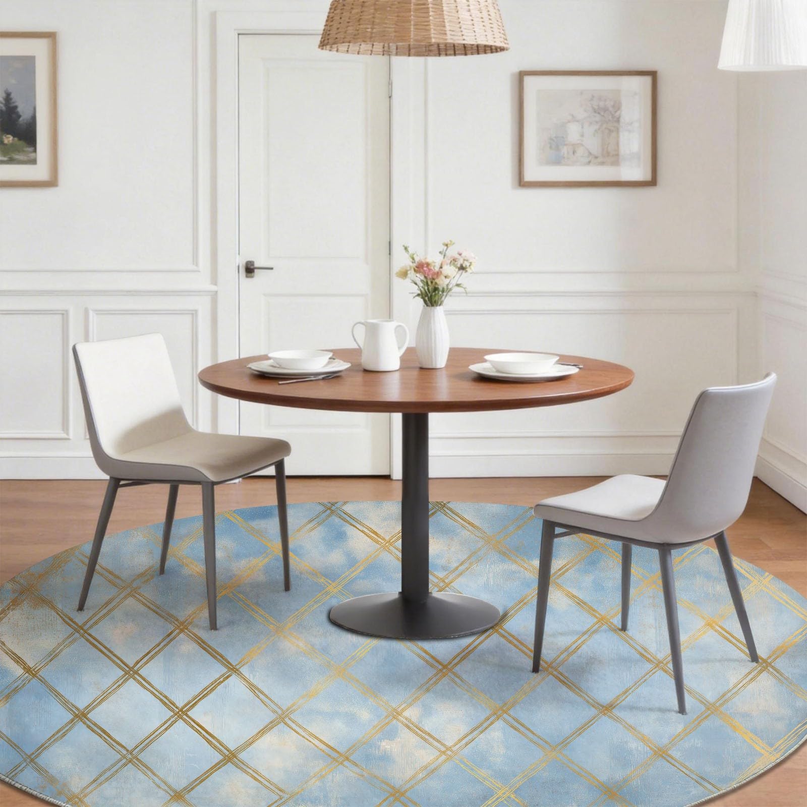 Okrągły dywan 160 cm, można prać w pralce, antypoślizgowy dywan z niskim włosiem w stylu geometrycznym, wzór siatki w romby Shabby Chic miękki, do pokoju gościnnego, niebiesko-złoty