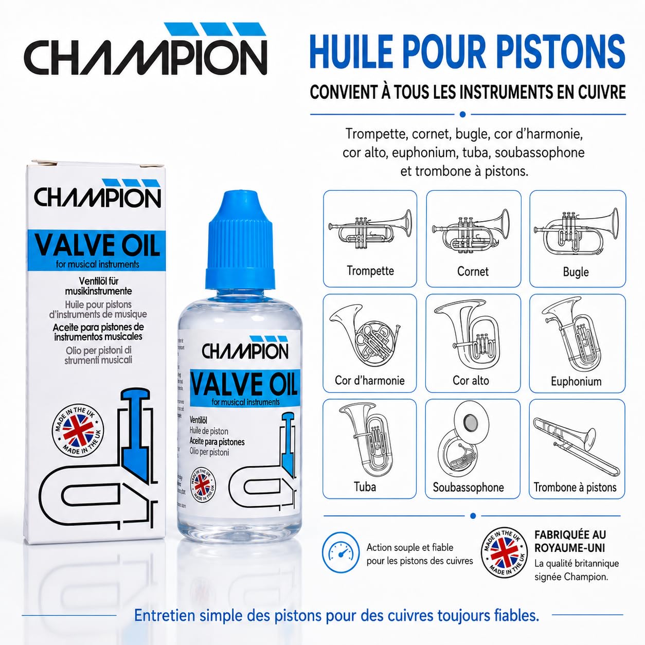 Champion huile pour pistons. Pour trompette, cornet, euphonium, tuba, baryton, cor ténor, helicon et plus. Formule éprouvée pour tous niveaux. Fabriquée au Royaume-Uni. 50ml