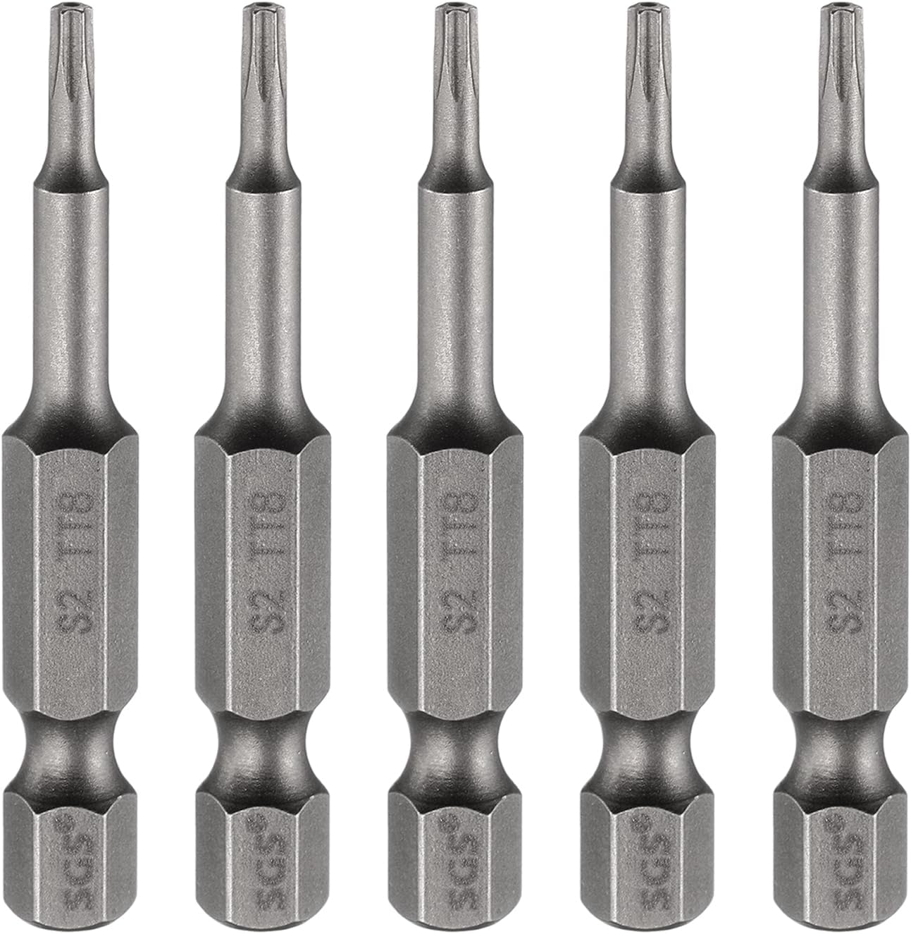 sourcing map 5pcs TT8 Security Torx Head Screwdriver Bit 2" (50mm) Long 1/4" Hex Shank Magnetic Tamper Proof 6 Point Star Screw Driver Drill Bits S2 Steel Hole Tip Industrial Power Tools