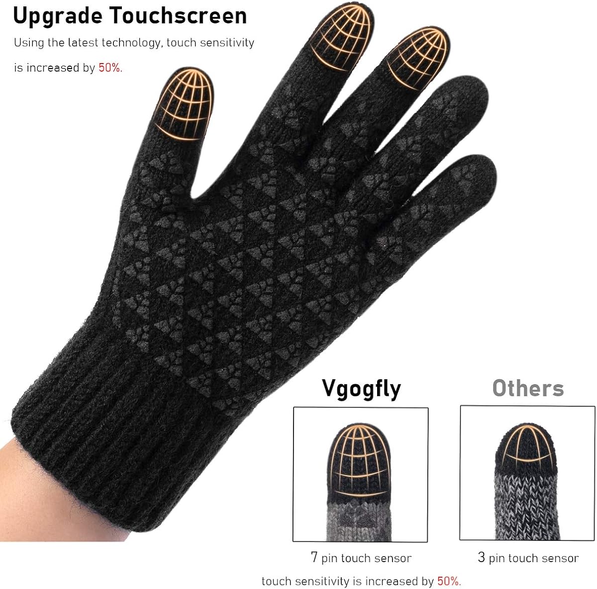 Winter Knit Gloves Warm Full Fingers Men Women with Upgraded Touch Screen - Anti-Slip Glove Fleece Lined VGOGFLY