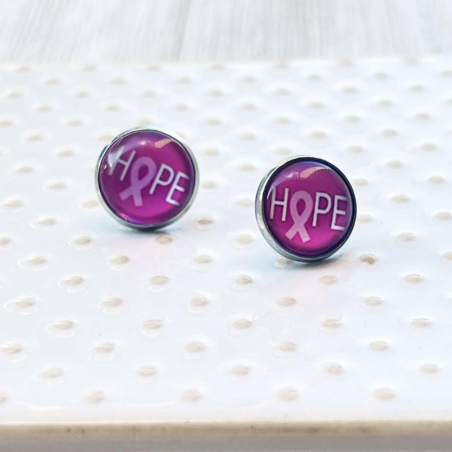 Breast Cancer Awareness Stainless Steel Large 12mm Stud Earrings, Cute Hope Stud Earring for Women, Fun Unique Colorful Unisex Earring Stud