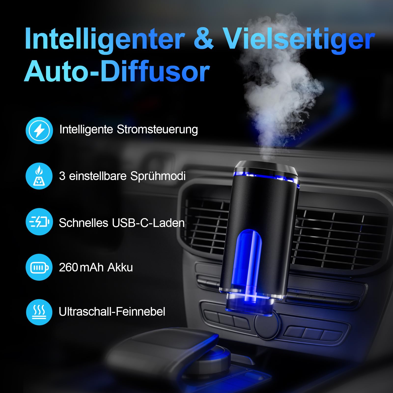 Smart Auto-Lufterfrischer-Diffusor mit 3 ätherischen Ölen, Auto-Lufterfrischer mit Langer Lebensdauer, Intelligentes Automatisches EIN-/Ausschalten