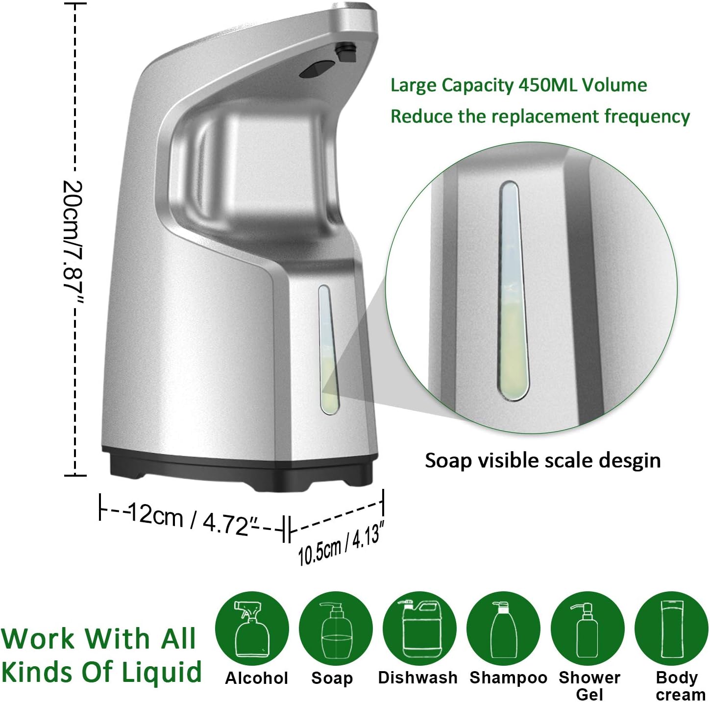 ibowee Touchless Hand Sanitizer Dispenser,15.2oz/450ml Automatic Soap Dispenser,Hand Free Liquid/Alcohol/Gel 4 Adjustable Dispenser,Countertop/Wall Mount/Tabletop for Kitchen