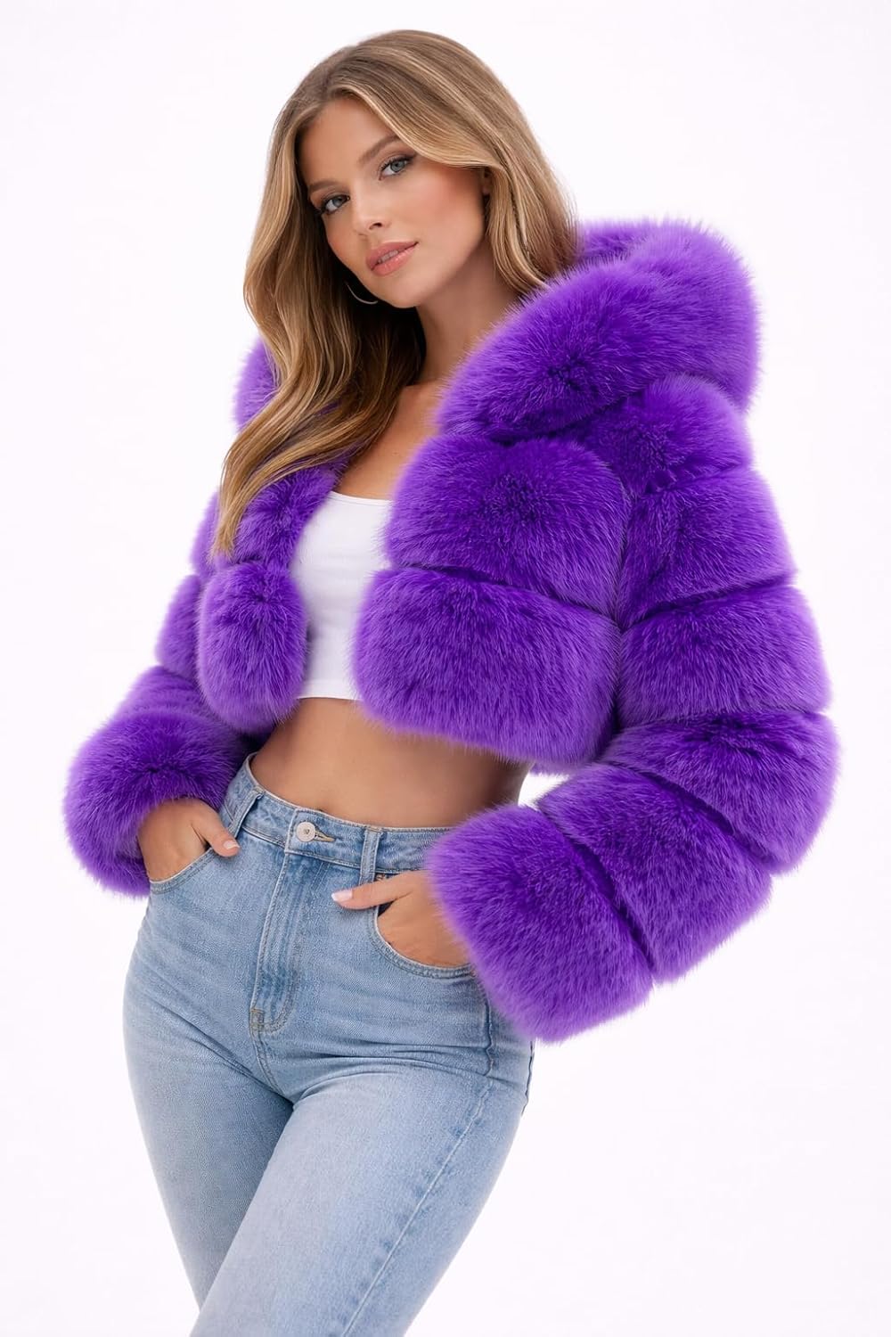 DLNYC Faux Fox Fur Layered Hooded Bolero Faux Fur Cropped Jacket Luxury Winter Fashion Jacket Perfect Valentine Gift For Her - Image 2