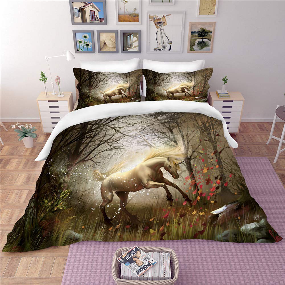 Housse de couette motif cheval 3D en tissu microfibre sans repassage
