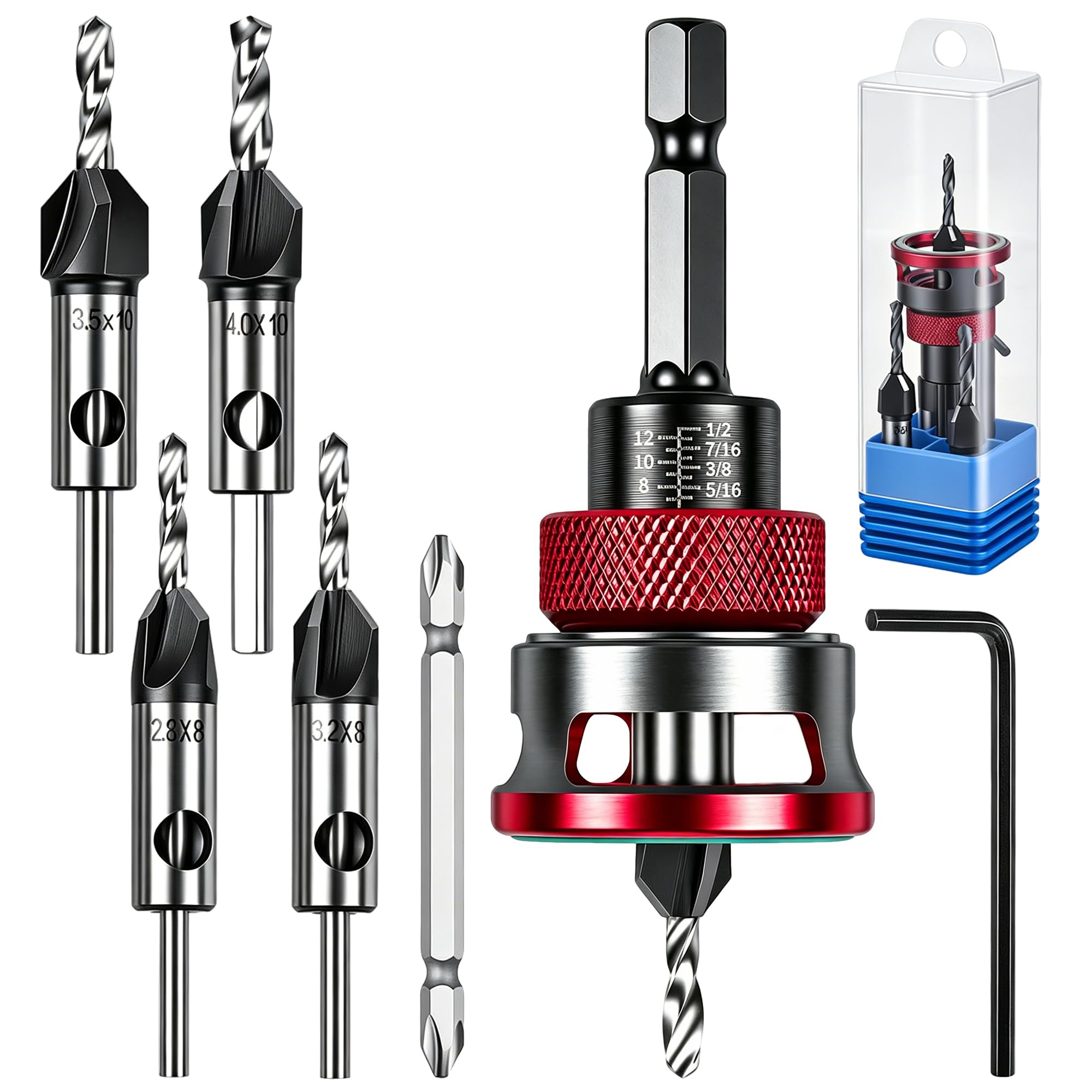 6PCS Countersink Drill Bit Set with Adjustable Depth Stop, 4 HSS Tapered Bits, L Shape Wrench Wrench, a Screwdriver Bit, 0.7mm Hex Shank, Countersink Bit Set for Wood, Plastic, Woodworking